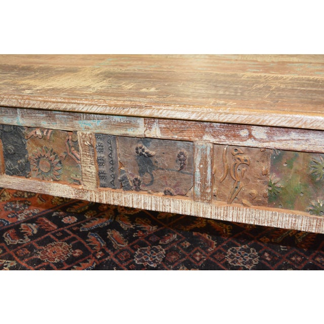 1980s Rustic Carved Panel Tan Wood Coffee Table W/ Aqua / Brown Bleached Indian For Sale - Image 13 of 16