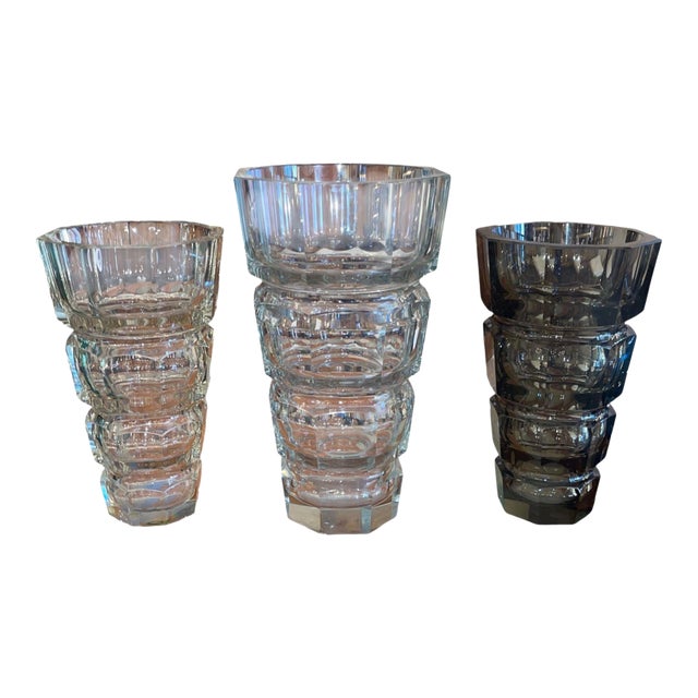 1930s Set of 3 Art Deco Cut Crystal Vases in the Manner of Josef Hoffmann for Moser. For Sale