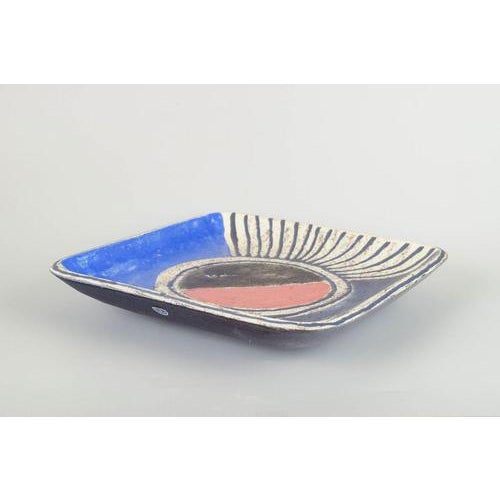 Mari Simmulson for Upsala Ekeby Bowl/dish, concrete decoration, 1960s. Rectangular stoneware bowl with hand-decorated...