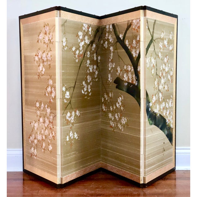 Vintage Four Panel Hand Painted Byobu Folding Screen of Cherry Blossoms