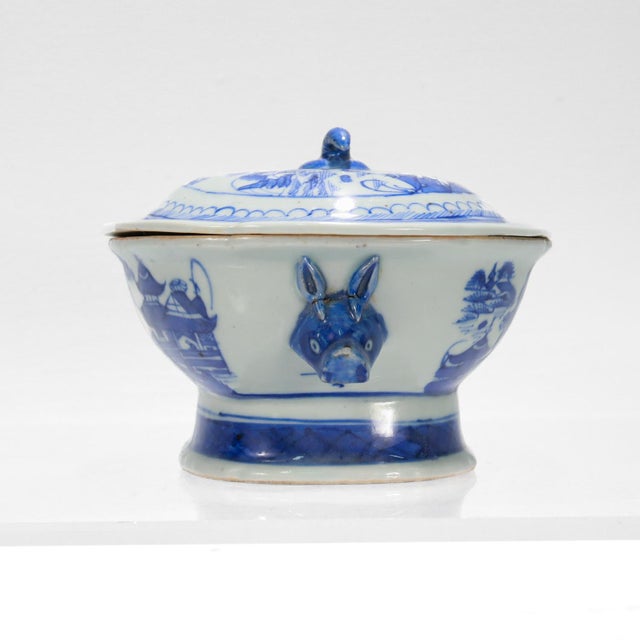 Antique Blue & White Canton Chinese Export Porcelain Miniature Sauce Tureen For Sale - Image 4 of 12