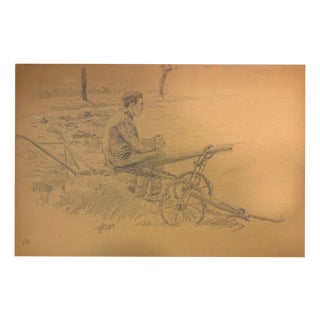Heinrich Pforr, Farmer at the Plow, Resting in the Field, Agriculture, 1920s, Pencil on Paper For Sale