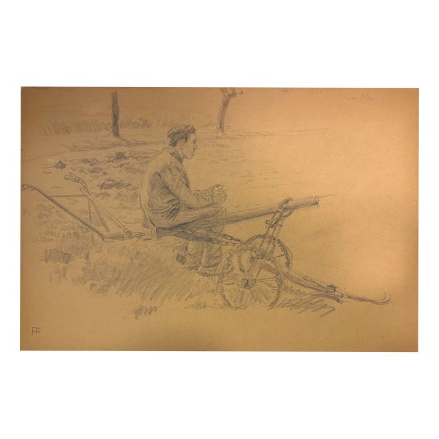 Heinrich Pforr, Farmer at the Plow, Resting in the Field, Agriculture, 1920s, Pencil on Paper For Sale
