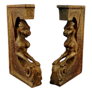 Large Gothic Style Sculptural Wooden Shelf Supports with Harpies, 16th-17th Century, Set of 2 For Sale