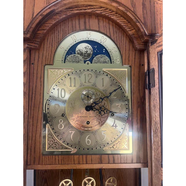 1990s Howard Miller 61st Anniversary Grandfather Clock in Solid Oak – Pristine One-Owner For Sale - Image 6 of 12