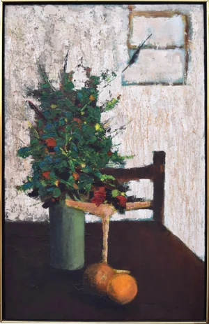 Large Vintage Mid Century Modern Abstract Still Life With Flowers and Oranges C.1960