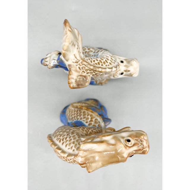Pair of Vintage Ceramic Asian Style Dragons on Cobalt Blue Waves – Sculptural Figurines - Chinoiserie, Mid Century Modern Eclectic, Hollywood Regency For Sale In Houston - Image 6 of 13
