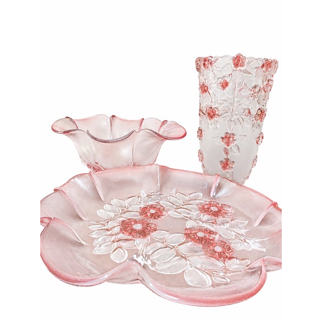 Mikasa Vintage Mikasa "Rosella" Pink Floral Frosted & Clear Glass 3 Piece Hostess Set - Bowl, Platter & Vase- R For Sale - Image 4 of 5