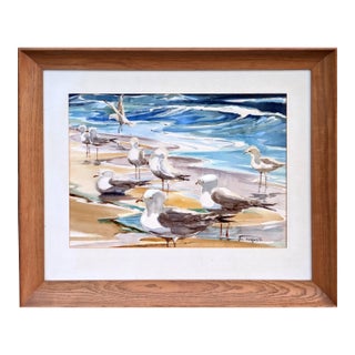 Vintage Signed 1980's "Shoreline Seagulls" Watercolor Painting For Sale