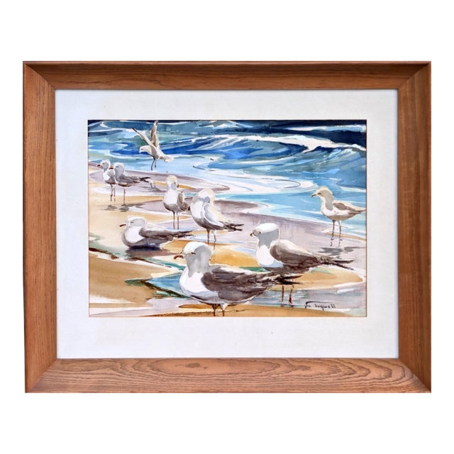Vintage Signed 1980's "Shoreline Seagulls" Watercolor Painting For Sale