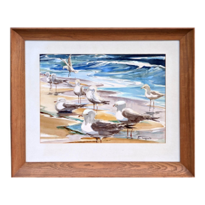 Vintage Signed 1980's "Shoreline Seagulls" Watercolor Painting