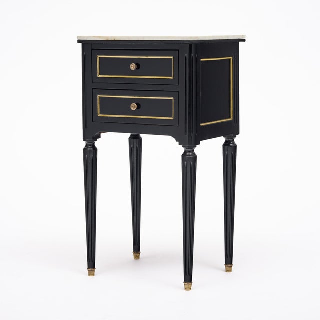 French Pair of French Louis XVI Style Ebonized and Brass Marble-Top Side Tables For Sale - Image 3 of 9