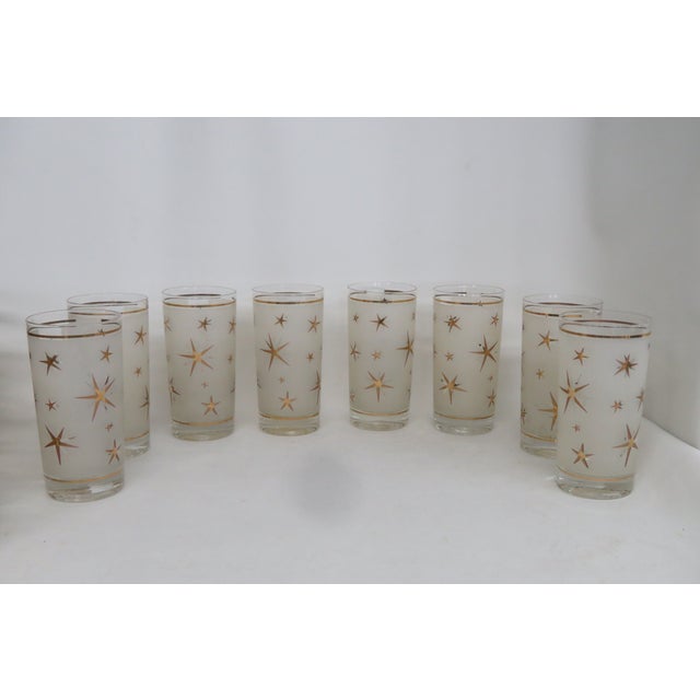 Mid Century Highball 8 Frosted Glass Cups Gold Atomic Starburst W Caddy 4605b For Sale In Miami - Image 6 of 18