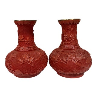 Vintage Mid Century Chinese Cinnabar Vases- a Pair For Sale