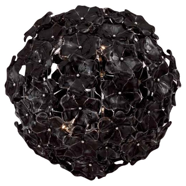 Italian chandelier with layered hand blown black Murano lotus flowers mounted chrome spherical structure / Made in Italy...