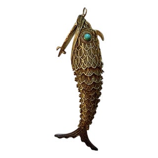 Antique Silver Articulated Koi Fish Pomander Pendant With Turquoise Eyes For Sale