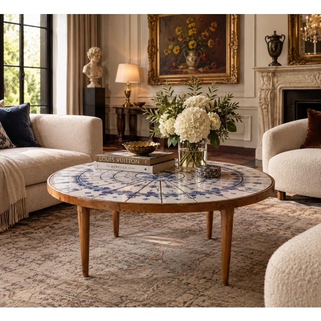 Exceptional vintage Danish Modern round coffee table featuring a beautifully detailed blue and white ceramic tile top...