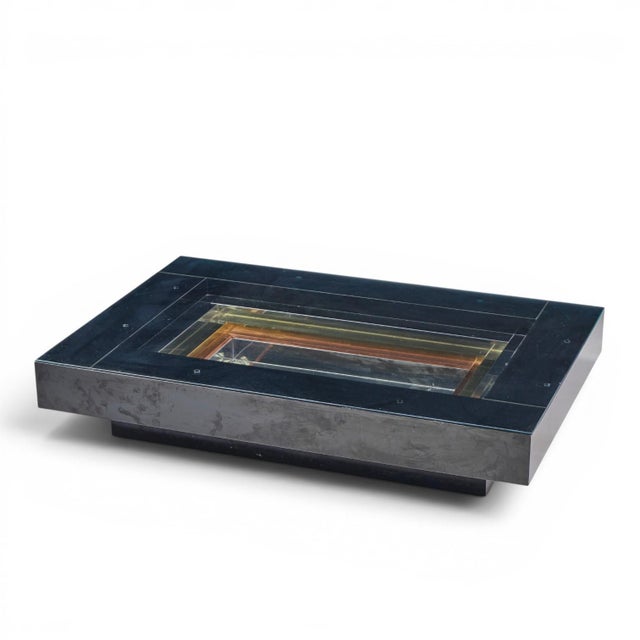 Blue Alain Delon for Maison Jansen Mid Century Brass, Chrome and Lacquered Coffee Table For Sale - Image 8 of 10