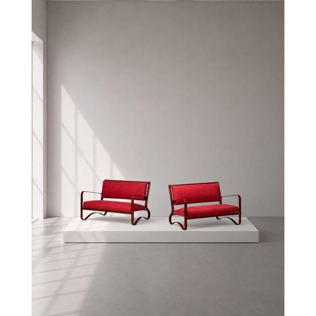 Jacques Adnet, French Mid-Century Modern, Pair of Two Seater Sofas or Settees, Leather, Steel, Upholstery, France, 1950s A...
