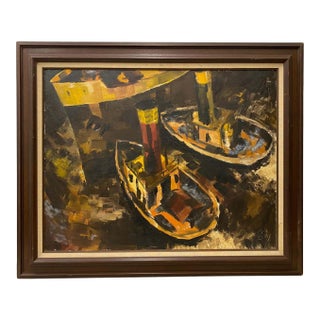 Jack Laycox Mid Century "Tug Boats" Oil Painting c.1960 For Sale