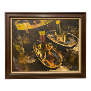 Jack Laycox Mid Century "Tug Boats" Oil Painting c.1960