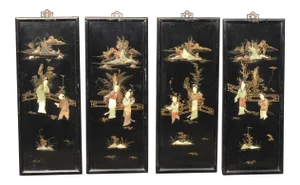 Vintage Black Oriental Asian Wall Four Panel Screen Picture W Geisha's ~ Set of Four