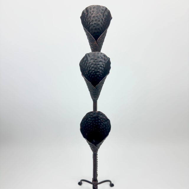 2020s Hand Forged Iron Candelabra Set of 3 (100-120cm) Antique Copper Finish Barley Twist Stem with Calla Lily Cups For Sale - Image 5 of 8