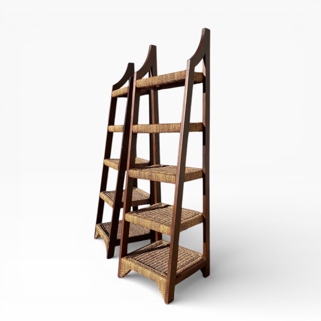 Mid 20th Century Pair of Mid-Century Wood and Woven Rush Etageres, 20th Century For Sale - Image 5 of 18
