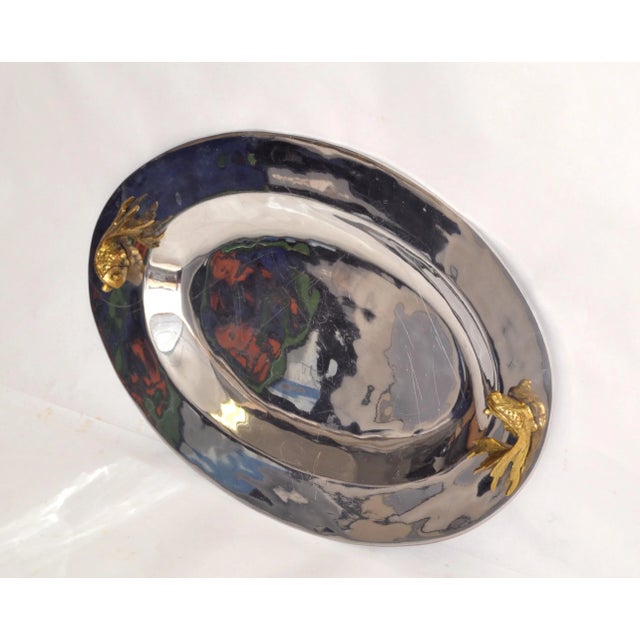 Oval Serving Tray Platter Bronze Fish Handles and Chrome Finish Art Deco Style For Sale In Miami - Image 6 of 13