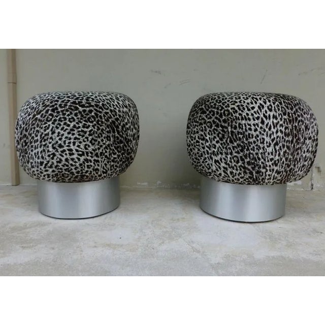 Wood 1970's Karl Springer Style Leopard Fabric Souffle Poufs- A Pair For Sale - Image 7 of 7