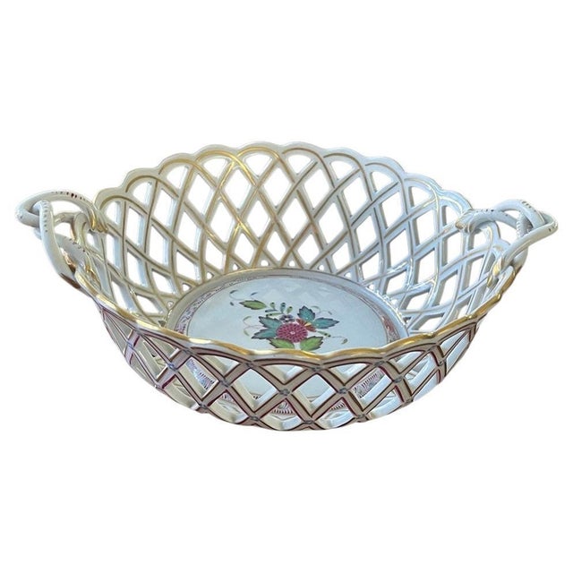Blue Chinese Porcelain Openwork Basket with Bouquet and Handles from Herend, 1960s For Sale - Image 8 of 8