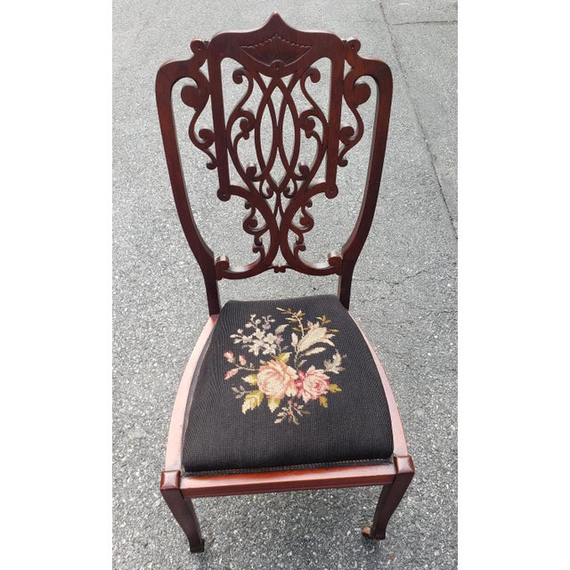 Late 19th C. Victorian Mahogany and Needlepoint Upholstered Side Chair on Wheels For Sale In Washington DC - Image 6 of 11