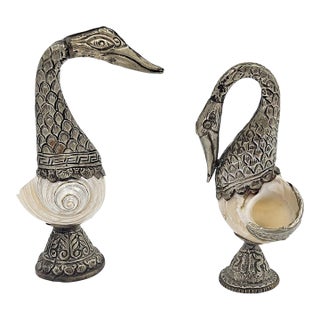 Set Anglo-Indian Style Silver Nautilus Shell Swan Vases Deco Pieces 1950s For Sale