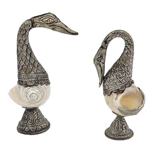 Set Anglo-Indian Style Silver Nautilus Shell Swan Vases Deco Pieces 1950s For Sale