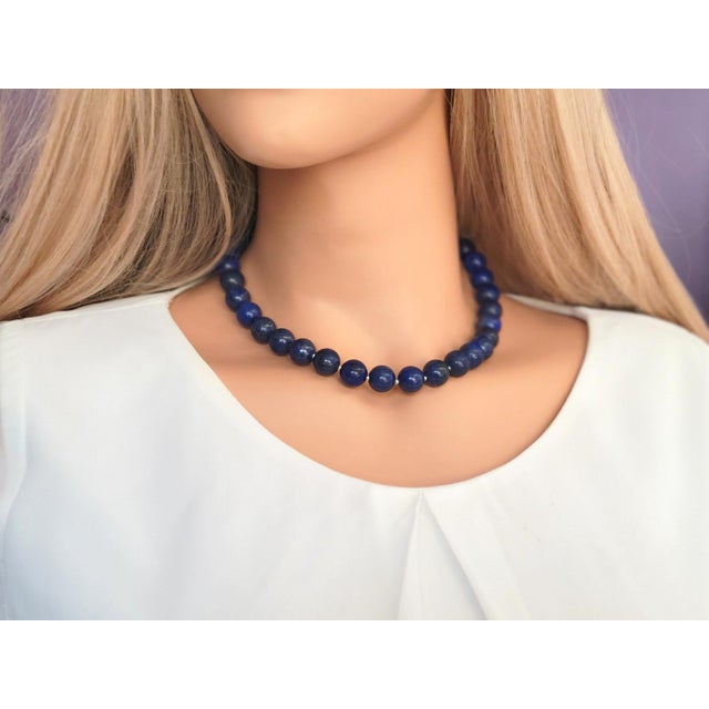 Metal Lapis Lazuli Beaded Necklace With Sterling Silver Lapis Clasp, 17.5 Inches For Sale - Image 7 of 8