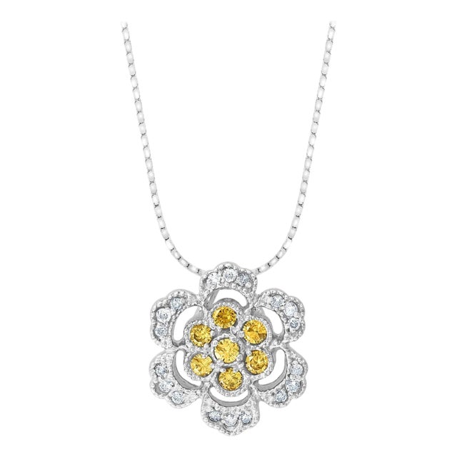 Designer Effy's 0.44 Ct Yellow & White Diamond Pendant with 14 Kt White Gold For Sale