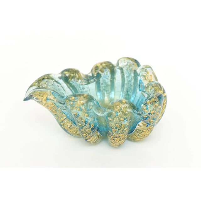 Turquoise MId Century Modern Barovier E Toso Murano Cordonato d'Oro Turquoise and Gold Aventurine Glass Bowl For Sale - Image 8 of 8
