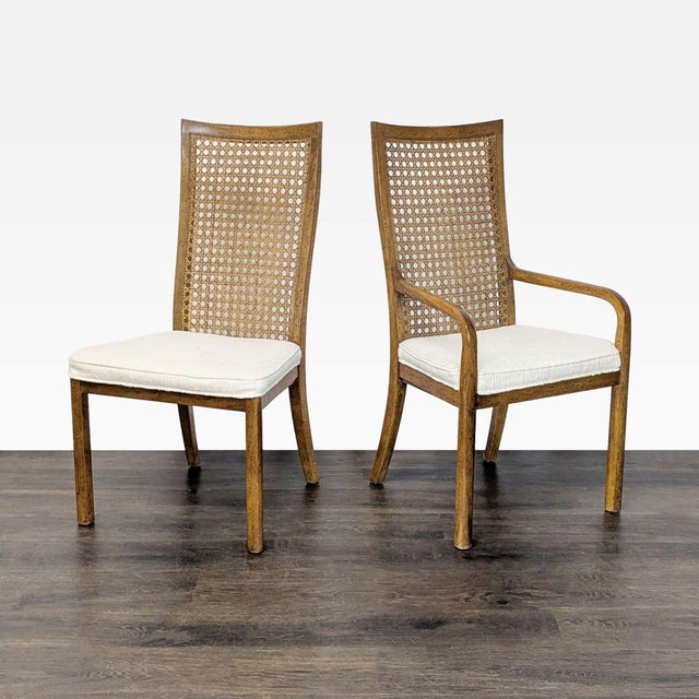 Mid-Century Modern (circa: 1970s) high back chairs with cane back and upholstered seats. There are 6 side chairs and 2...
