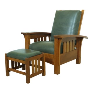 Stickley Green Leather Mission Morris Chair & Ottoman For Sale
