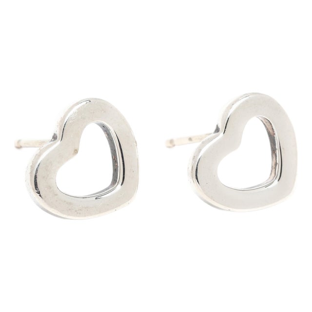 Tiffany & Co Heart Stud Earrings, Sterling Silver, Length .38 In., Pair For Sale