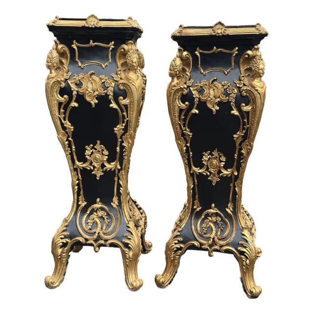 Late 20thC Italian Baroque Black Gold Pedestals – Pair For Sale