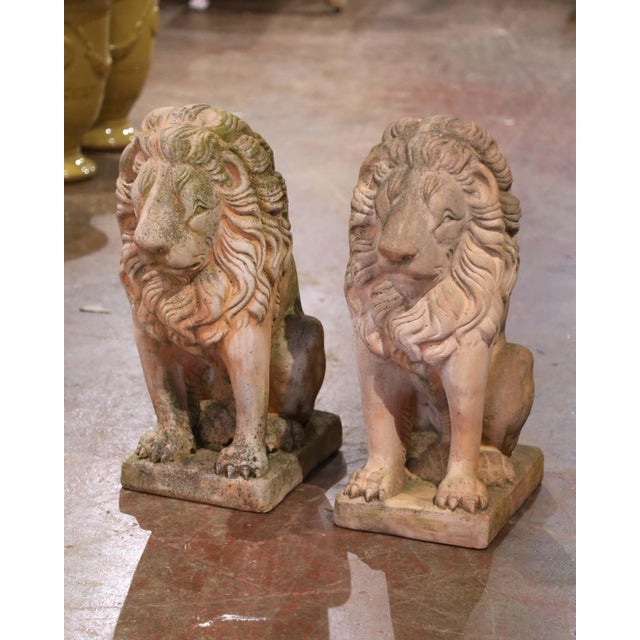 Mid 20th Century Pair of Mid-Century French Outdoor Weathered Carved Stone Lion Sculptures For Sale - Image 5 of 6
