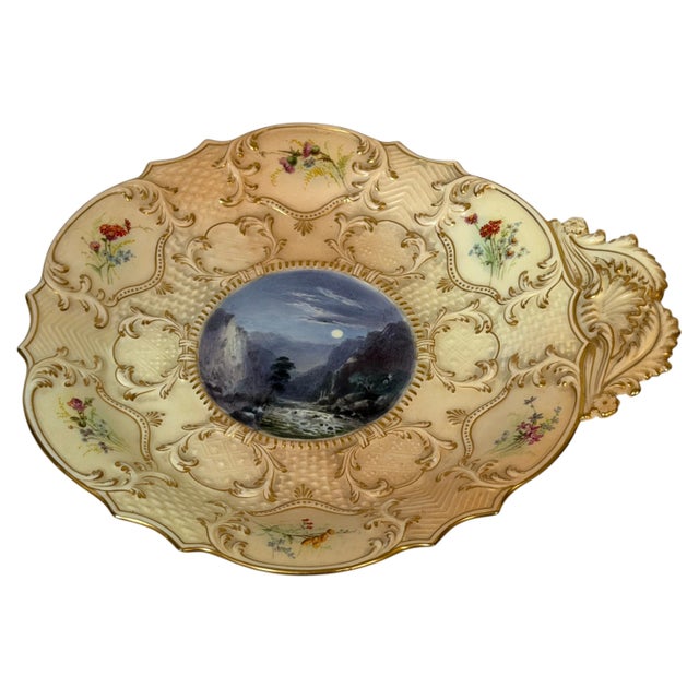 Royal Worcester “Empress” Shell-Form Porcelain Dish with Moonlit River Gorge, 1897, Unsigned Royal Worcester “Empress”...