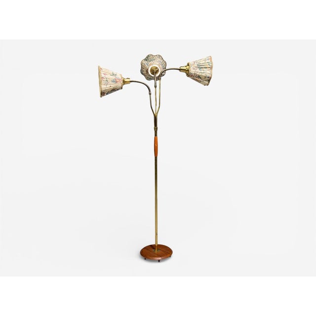 Swedish Mid-Century Modern, Adjustable Floor Lamp, Wood, Metal, Fabric, Sweden, 1950s A modernist floor lamp designed and...