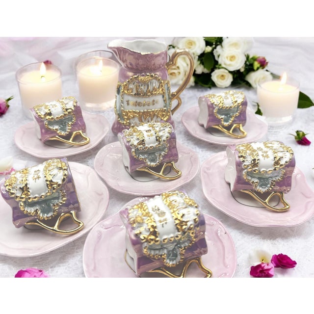 Baroque Porcelain Coffee Service with Gold and Pink Decorations, Set of 13 For Sale - Image 9 of 14