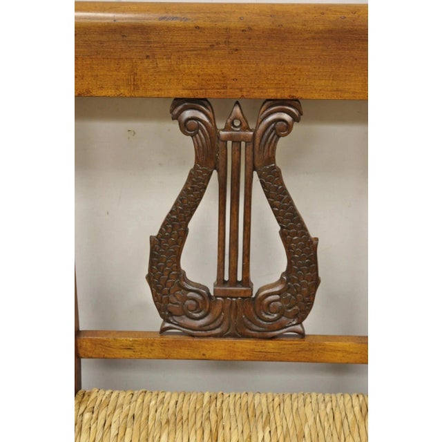 Vintage Italian Neoclassical Cherry Wood Dolphin Lyre Carved Rush Seat Bench For Sale - Image 12 of 12