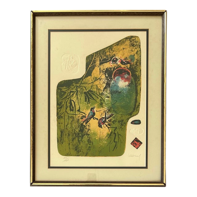 Vintage 1974 Framed Embossed Lithograph Entitled “Birds” by French Vietnamese Artist Lebadang For Sale