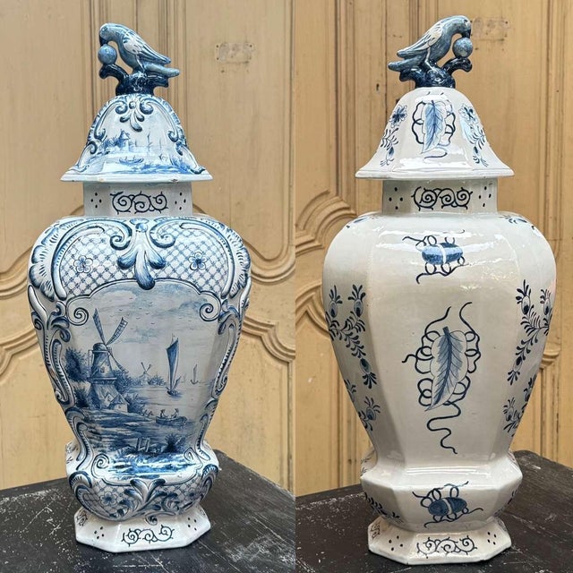 Large baluster vase with parrot Holland, Delft 19th century Chips H=65.5cm, W=27cm, D=34cm.