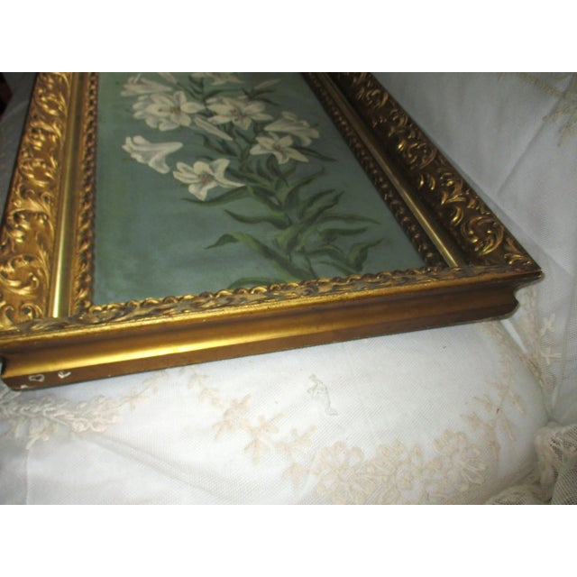 Late 19th Century Antique Oil on Canvs White Lily in Fine Ornate Gold Gilt Frame For Sale - Image 5 of 11