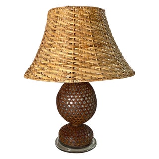 Glass and Rattan Table Lamp in Brown, England, 1970 For Sale